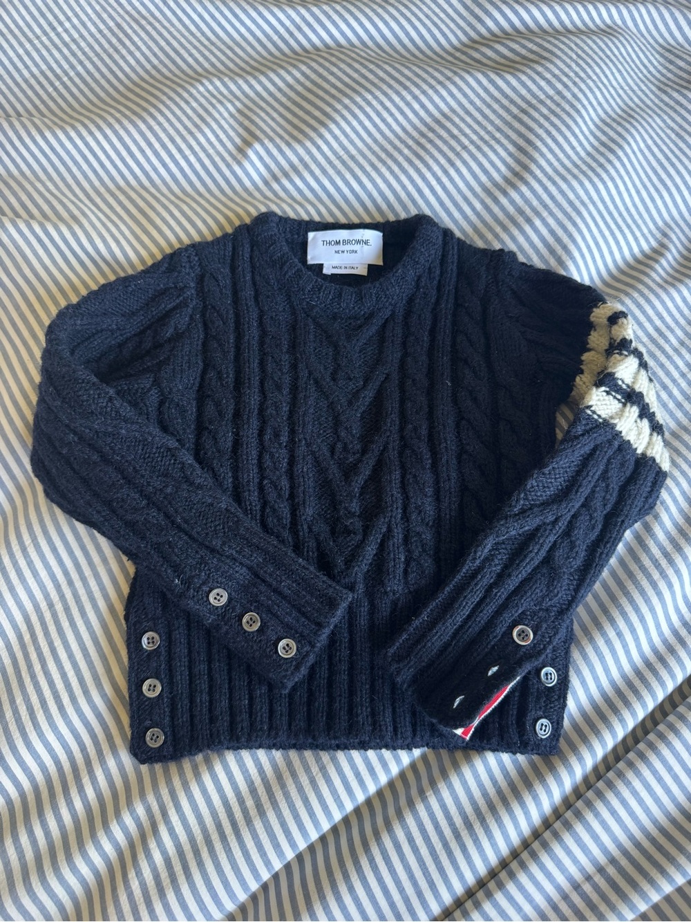 Thom Browne Navy Cable Knit Crewneck Sweater with Cream & Black Sleeve Detail
